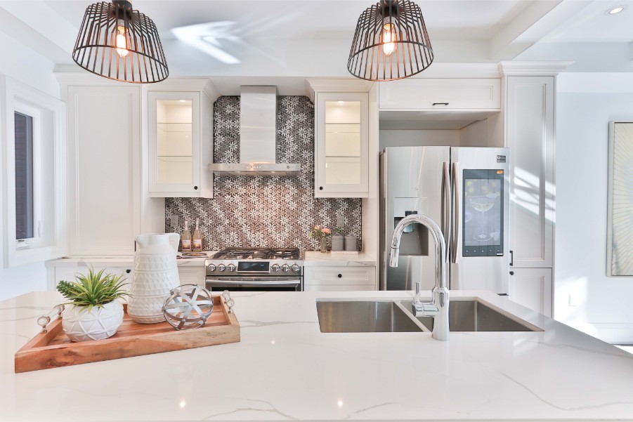 high tech kitchen with frosted cabinets paint