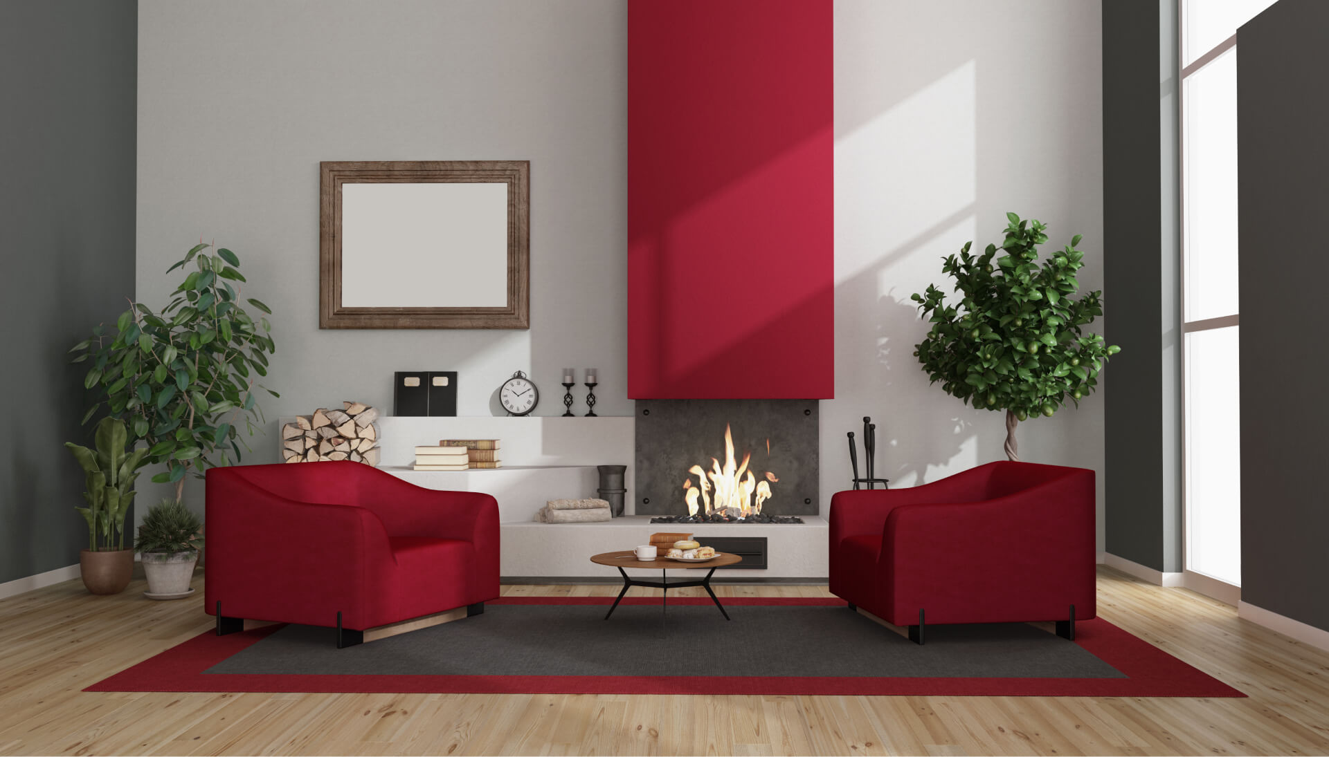 modern living room with fireplace and armchairs