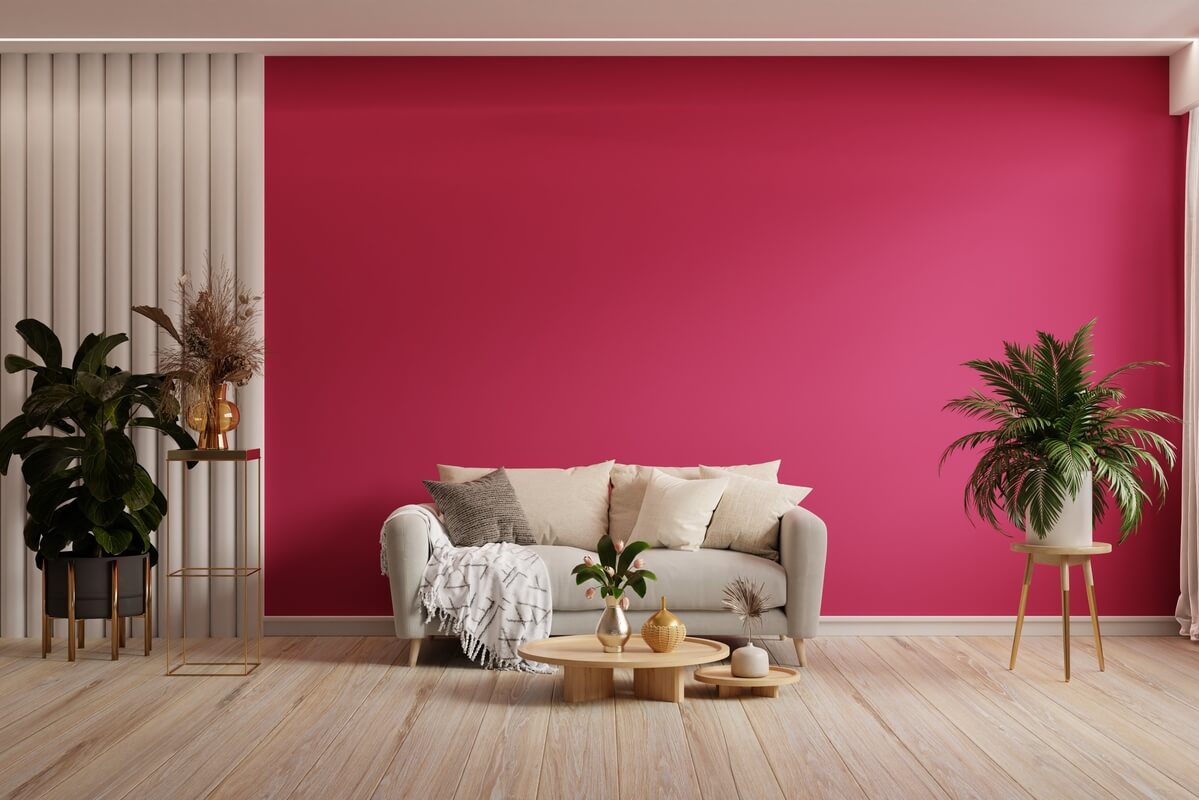 viva magenta color wall background mockup with sofa